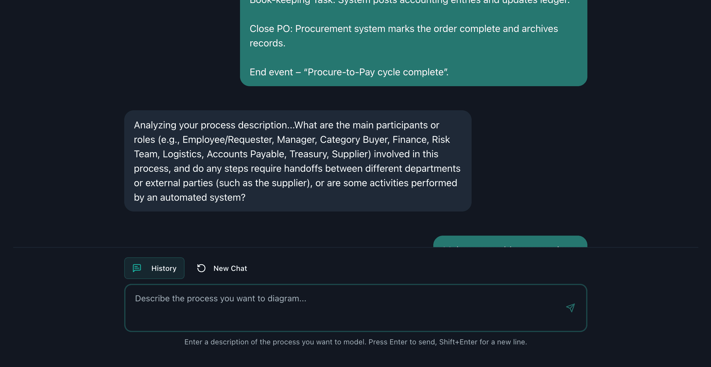 Chat conversation generating a BPMN diagram